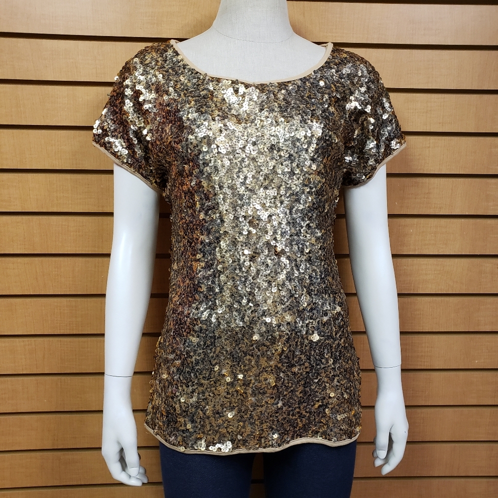 INC Gold Sequins Short Sleeve Blouse Medium Party Concert New Years Eve